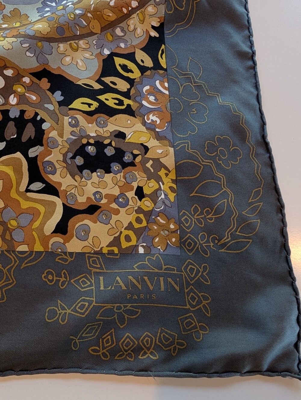 Lanvin Paris Silk Square Scarf Vintage Grey Gold Ochre
